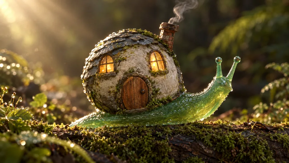 Snail Cottage: cinematic key art, generated