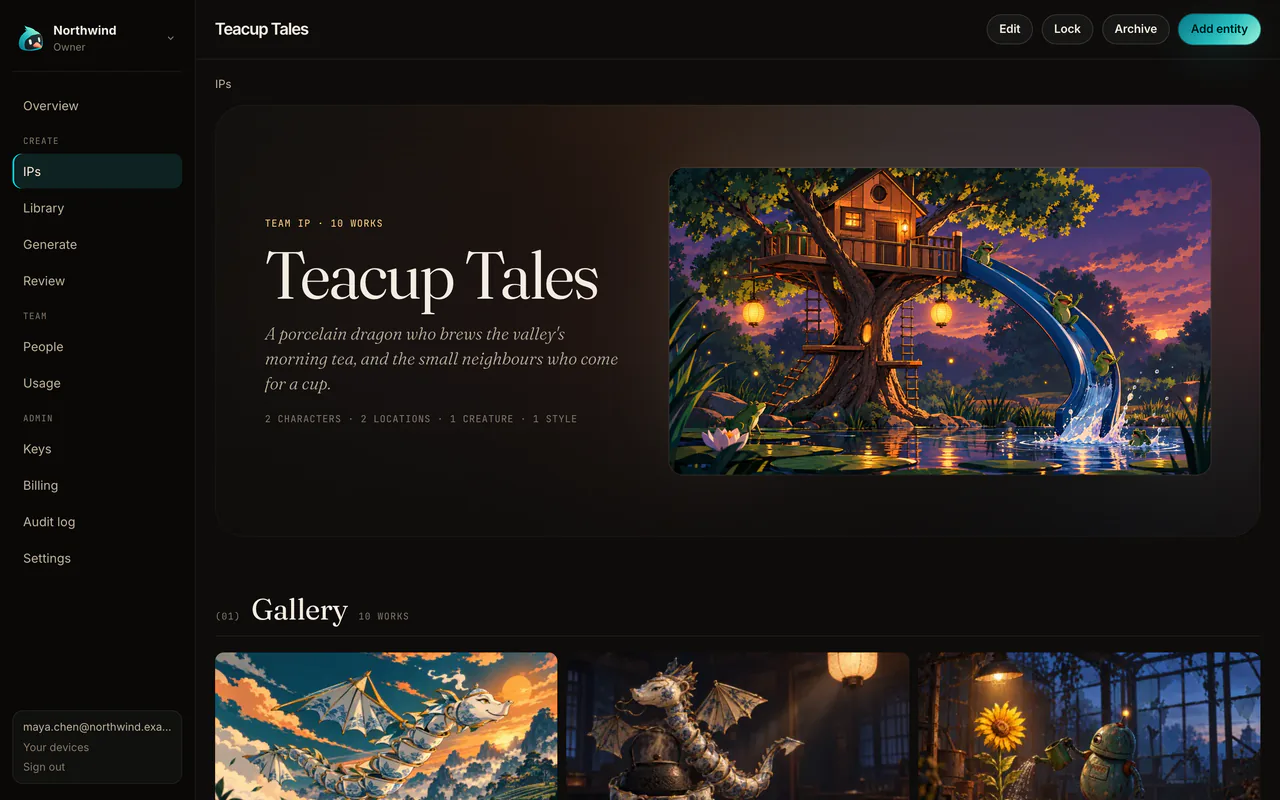 An IP in the console, Teacup Tales: its logline, its characters, locations, creature and style, and a gallery of its works.