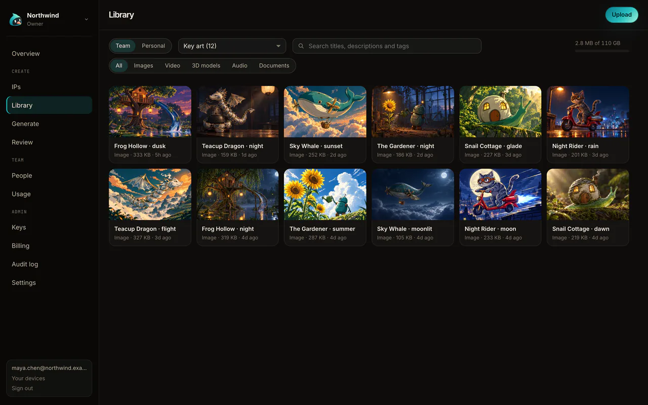 The team library: a folder of key art, filterable by type, with search and the storage used.