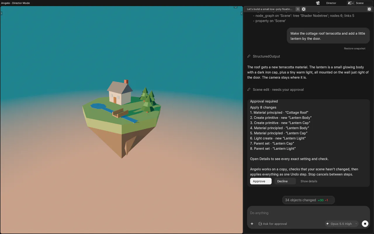 Angelo in Director mode: a low-poly floating island with a cottage, pines, a pond and a bridge on the left; on the right the chat, where the artist asked for a terracotta roof and a lantern, and Angelo's approval card lists the eight changes it will make.