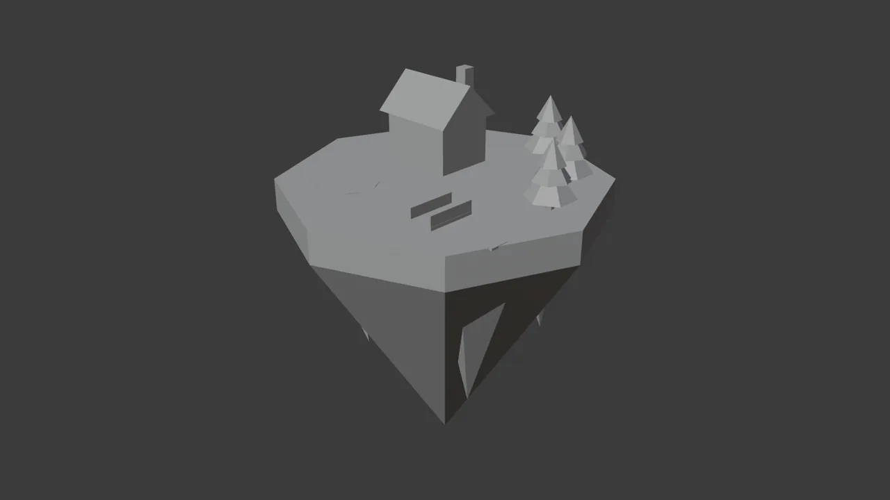 The island blockout in Blender's solid view: plain grey shapes for the island, cottage, pines, pond and bridge.