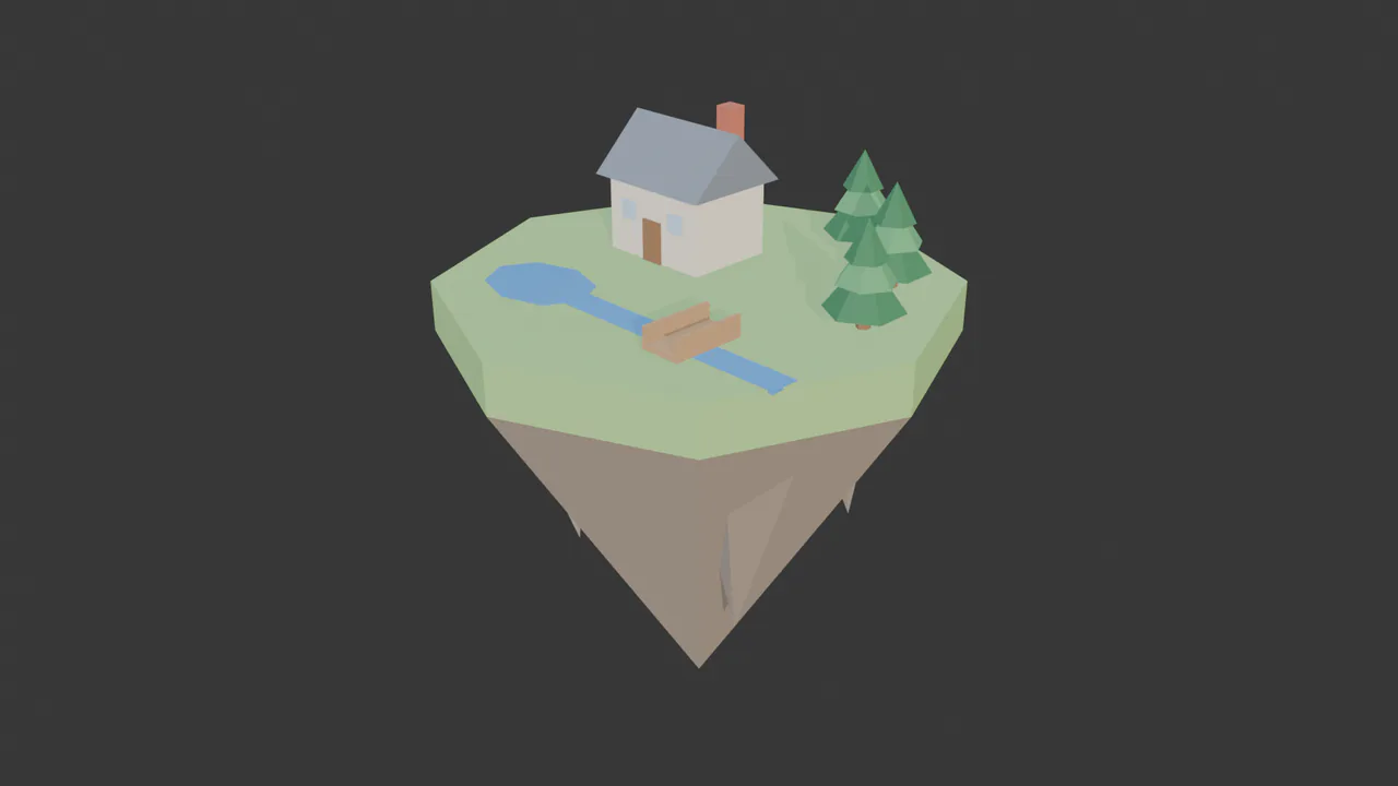The island in Material Preview: soft green grass, warm rock, cream walls, a slate roof and blue water.