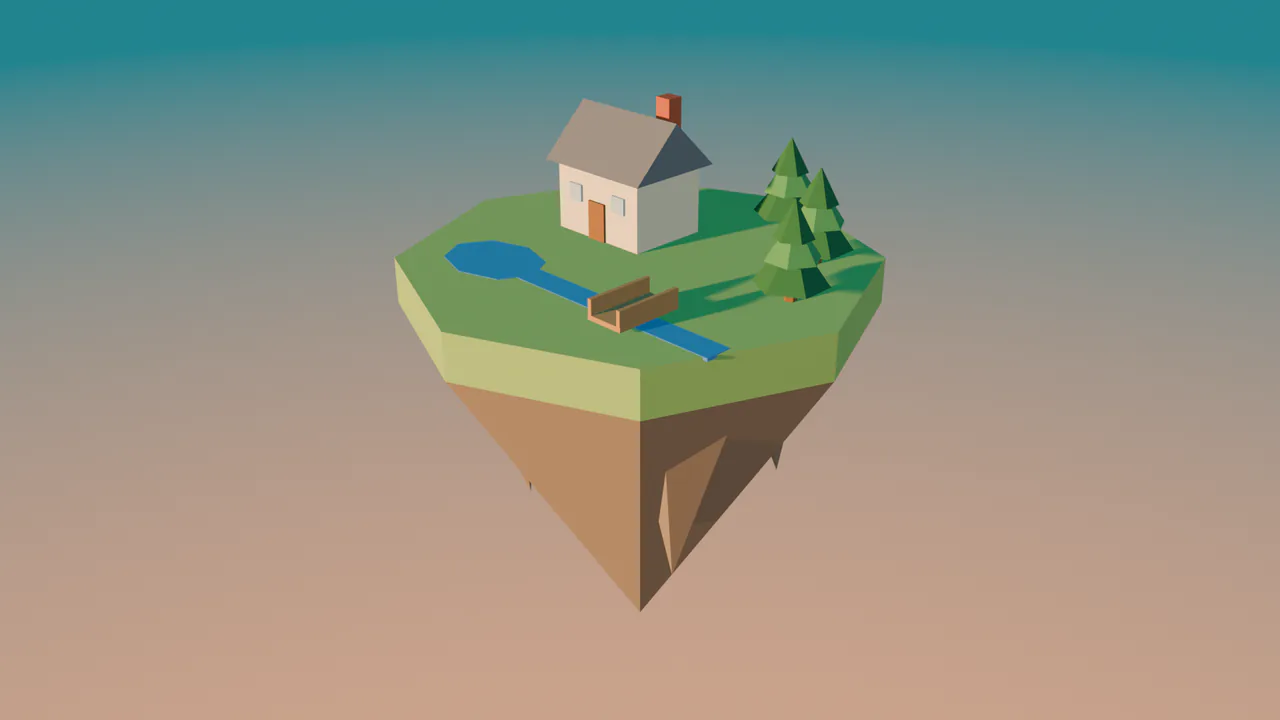 An EEVEE render of the floating island at golden hour: a teal sky fading to peach, a warm low sun and long shadows.
