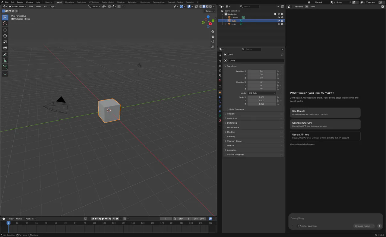 Angelo in the standard editor: all of Blender's panels, with the chat docked on the right.