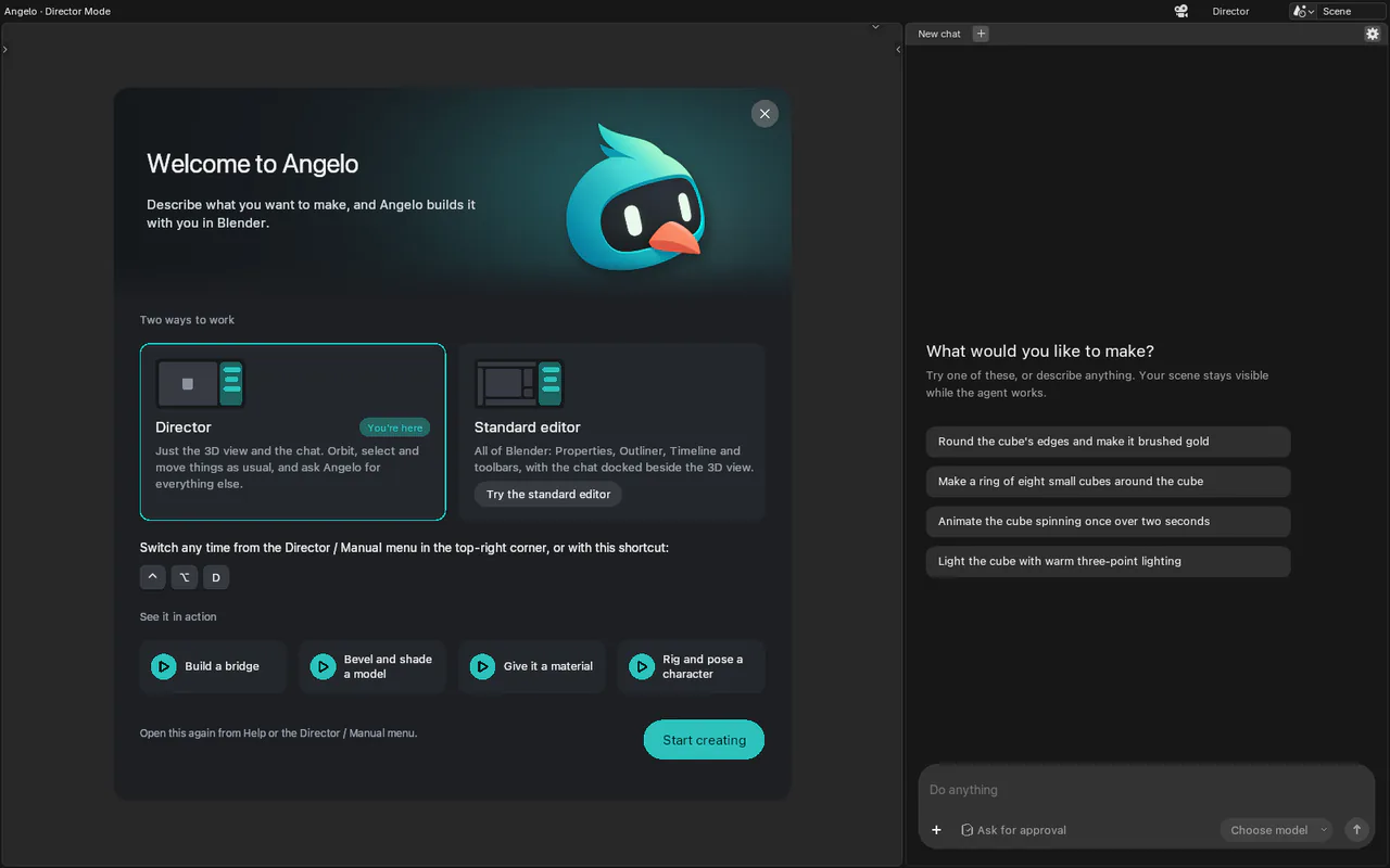 Angelo's welcome screen: two ways to work (Director and the standard editor), the shortcut to switch, the demo films, and example prompts in the chat.